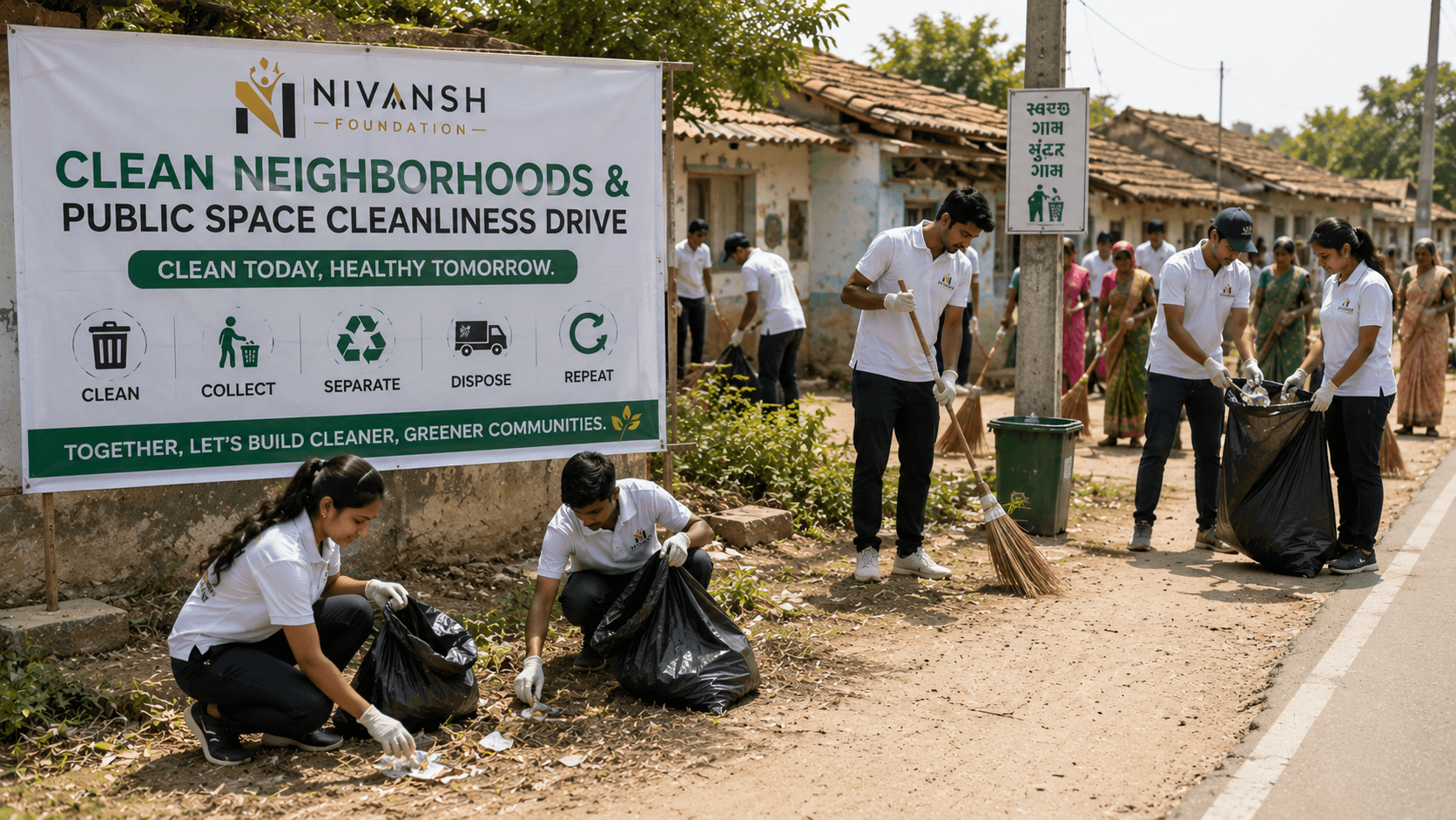 Nivansh Foundation volunteers cleaning a street during a community cleanliness drive, sweeping paths, gathering litter in black bags, and sorting waste into Wet and Dry bins under a banner that reads Clean Neighborhoods Better Tomorrow