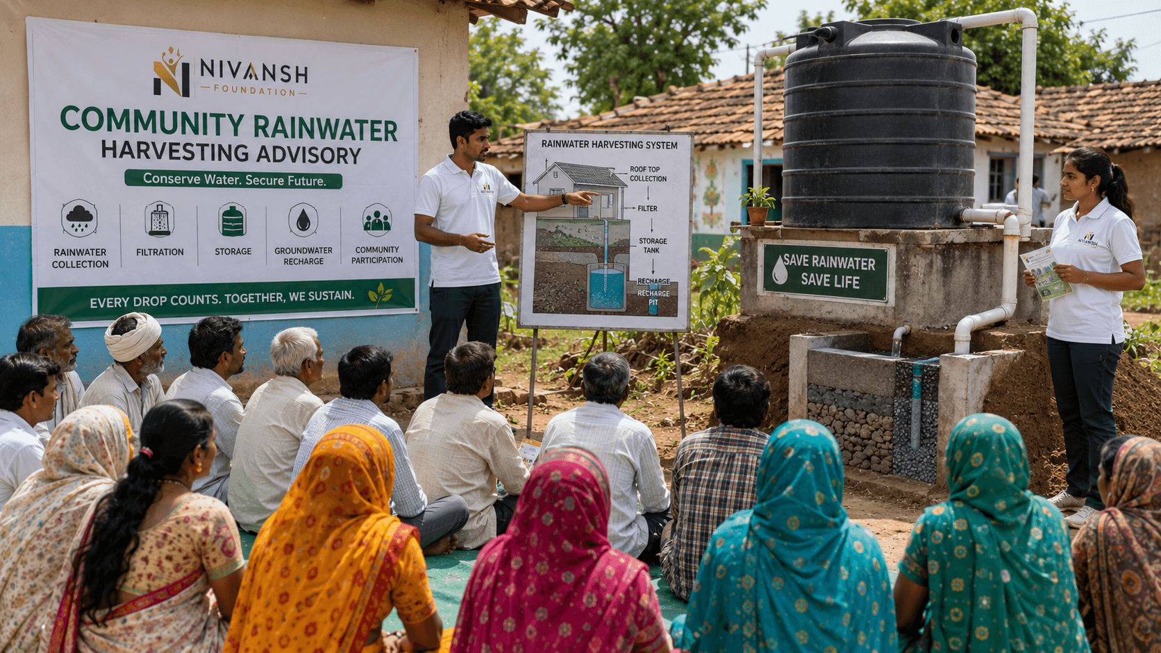 A Nivansh volunteer presenting a rainwater harvesting and groundwater recharge pit poster to rural Indian village residents next to a rooftop collection setup