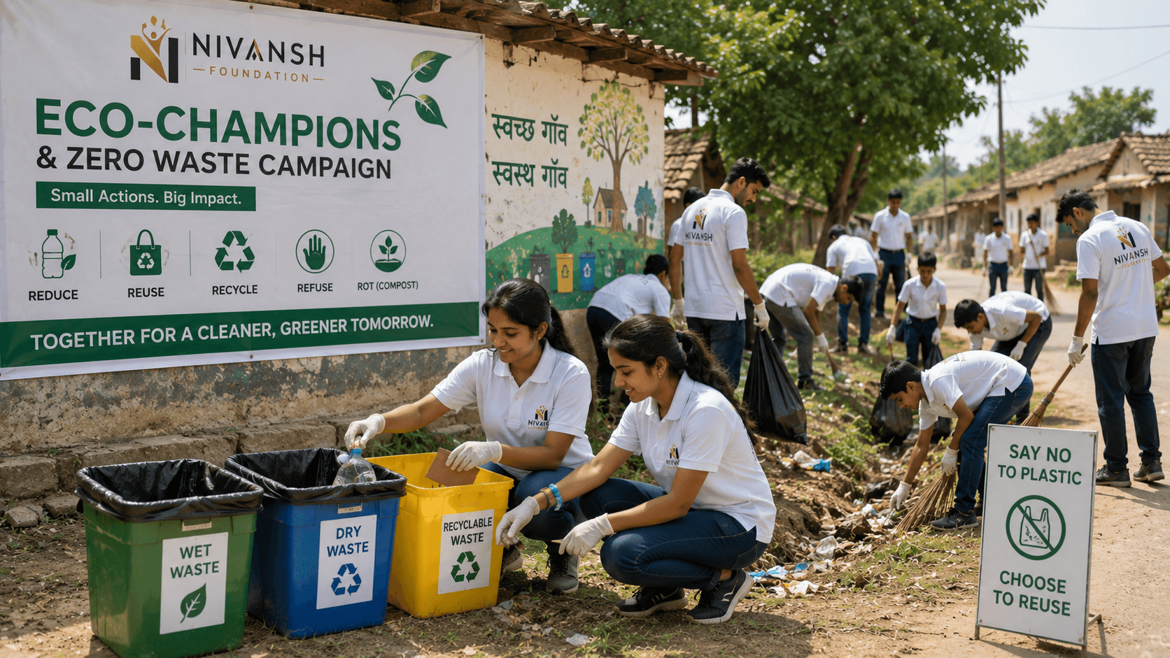 Nivansh Foundation volunteers in green shirts sorting plastic bottles and waste into green Recycle, blue Wet Waste, and grey Dry Waste bins, with Zero Waste Future and Say No to Plastic Pollution signs in a city park under a blue sky
