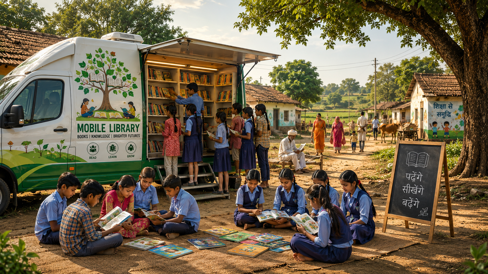 Children browsing books from a colorful mobile library setup