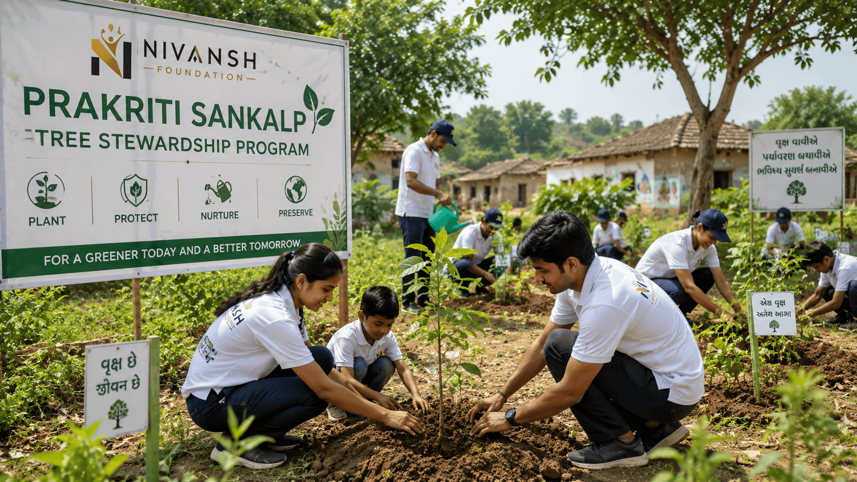 Children and a volunteer planting a native tree sapling under a large banyan tree in a rural Indian village field, with a Nivansh Foundation sign board visible